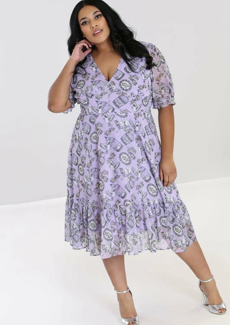 Hell Bunny Willow Sparrow Birdcage Midi Dress Lavender Purple UK 16/ US Lg pinup